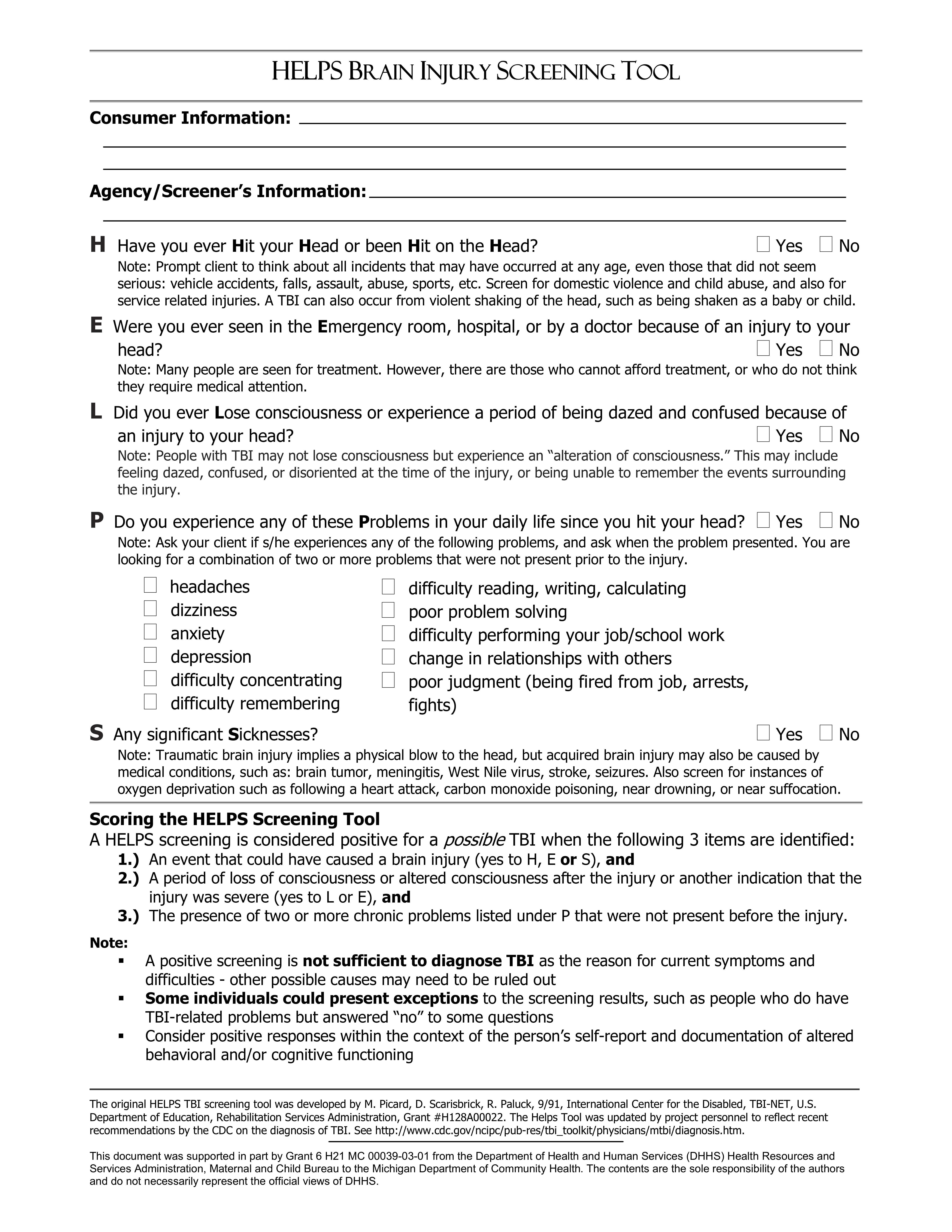 HELPS BRAIN INJURY SCREENING TOOL